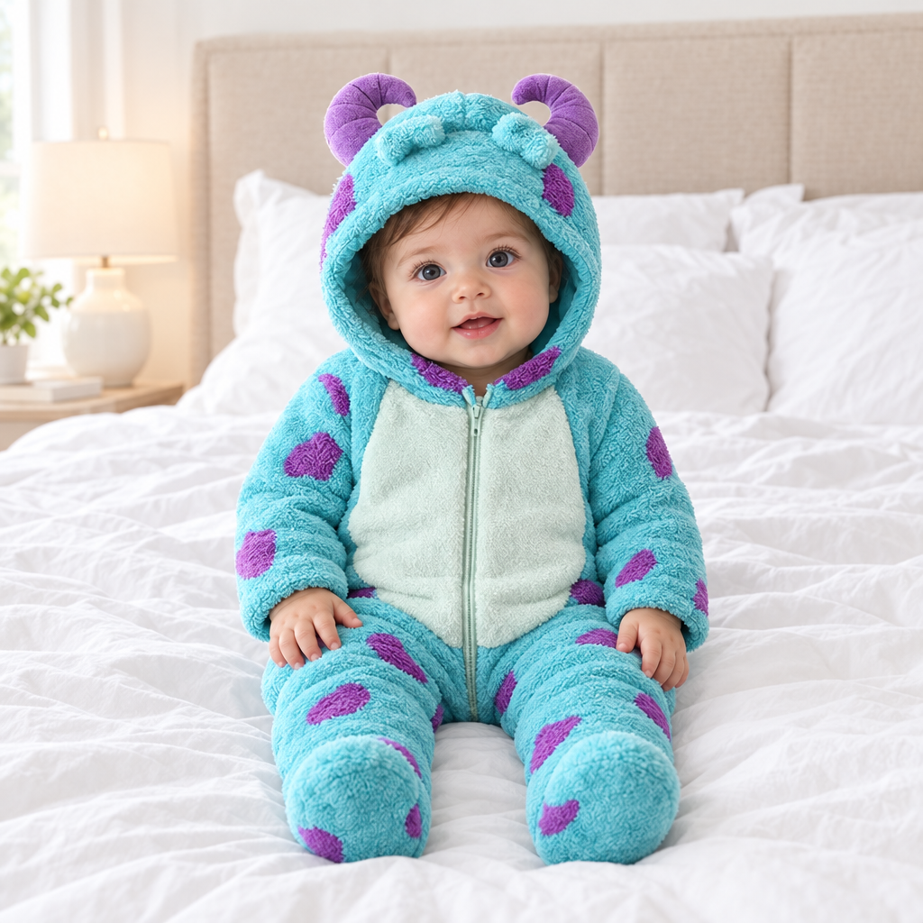 Baby sitting on a bed in the fluffy monster onesie