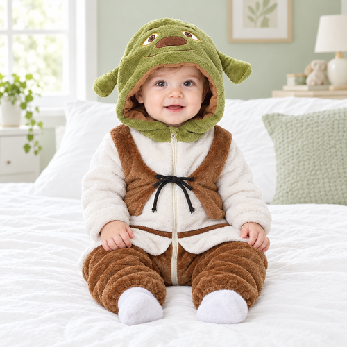 Baby wearing the green ogre onesie sitting on a bed