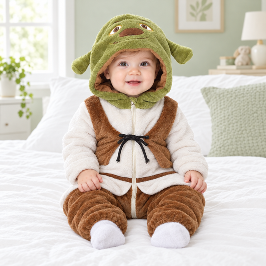 Baby wearing the green ogre onesie sitting on a bed