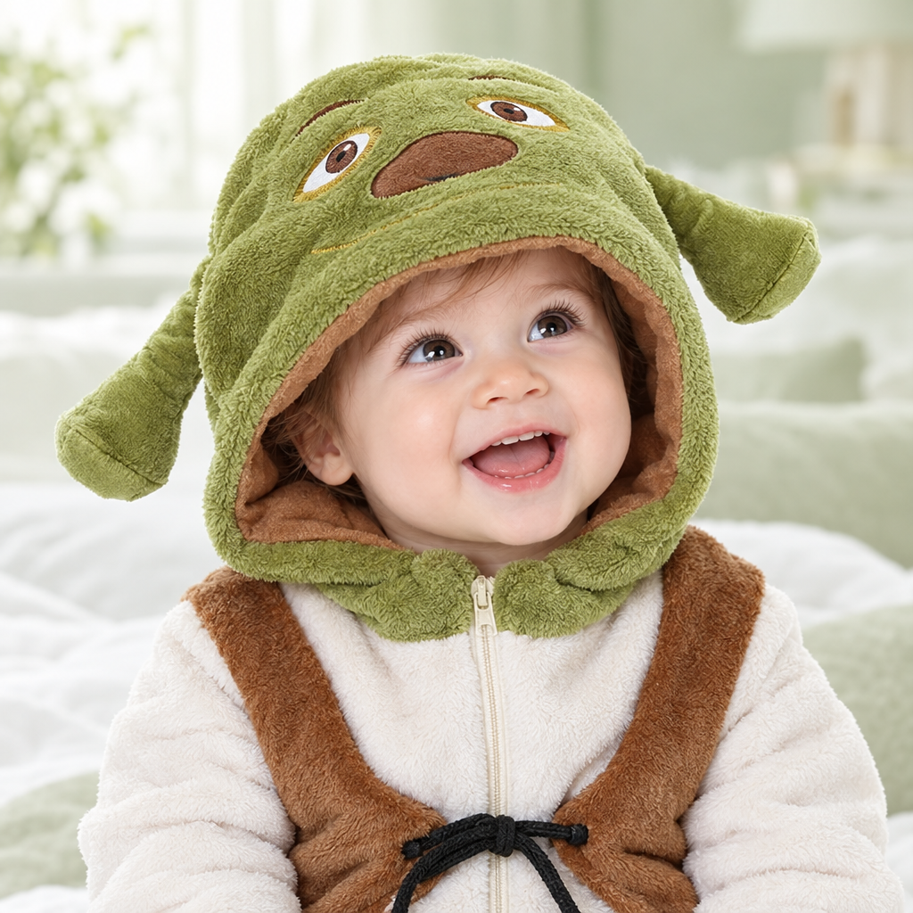 Smiling baby in the ogre onesie hood