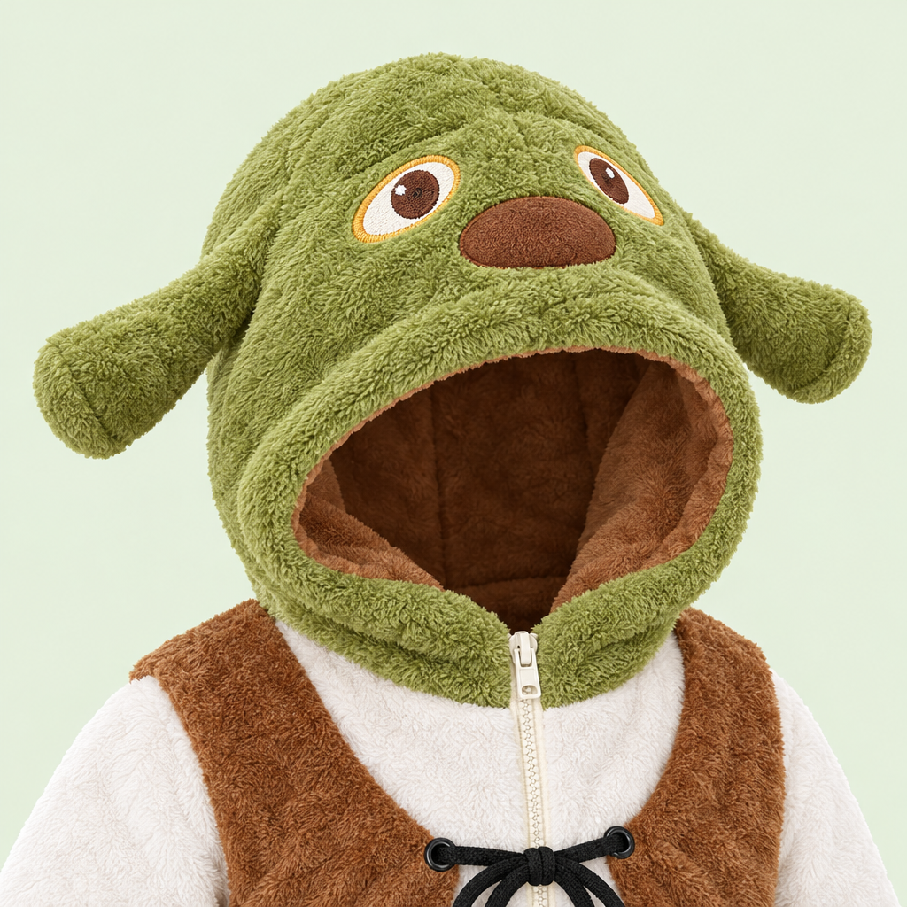 Ogre onesie hood with embroidered face and plush ears