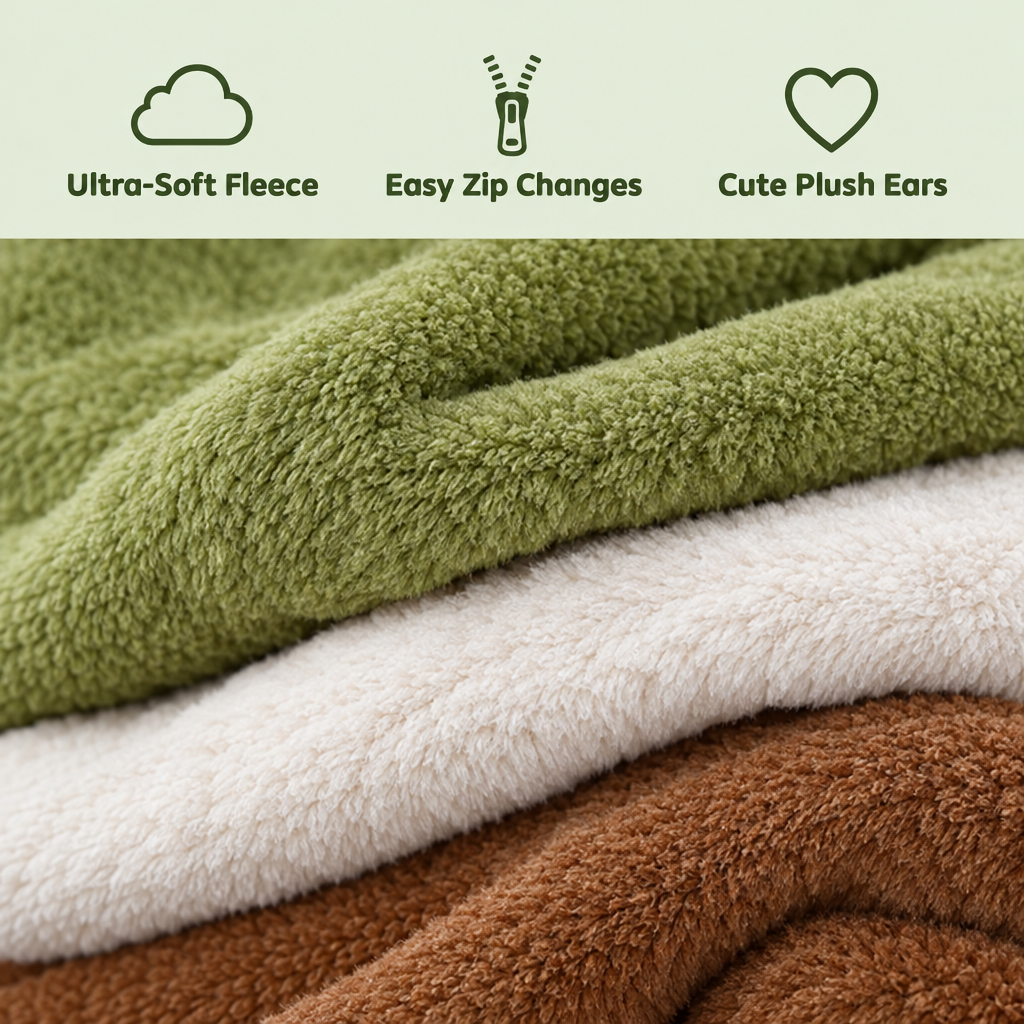 Ultra-soft fleece, easy zip changes, cute plush ears